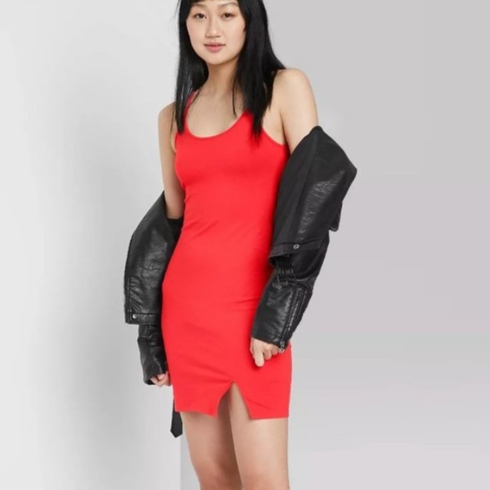 Red bodycon mini dress with short slit NWOT